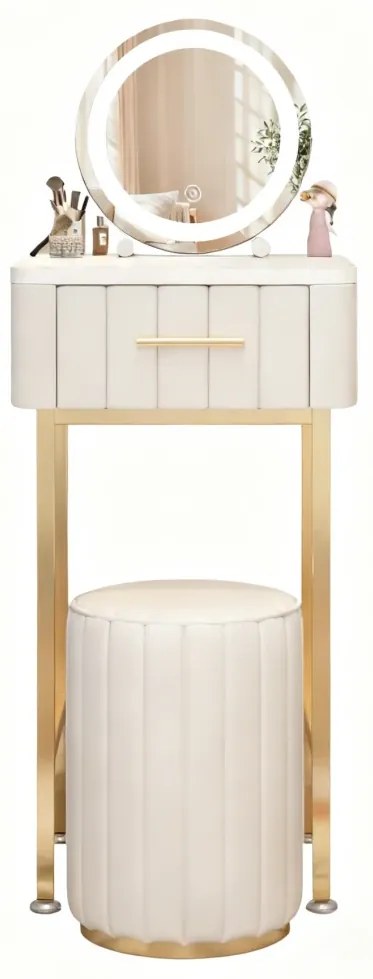 Set Seraphine, Masă de toaletă pentru machiaj, minimalistă, cu oglindă iluminată LED, control touch, sertar și taburet, Bej