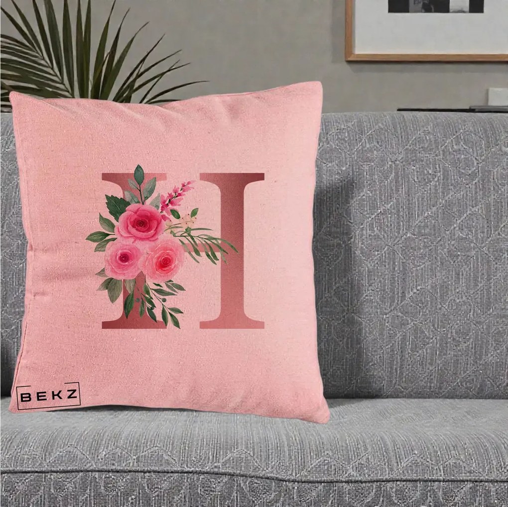 Cadou Personalizat - Perna Personalizata Monograma Rose Gold Litera H, 40x40 cm, Roz, Husa Detasabila, Perna Inclusa, BEKZ®