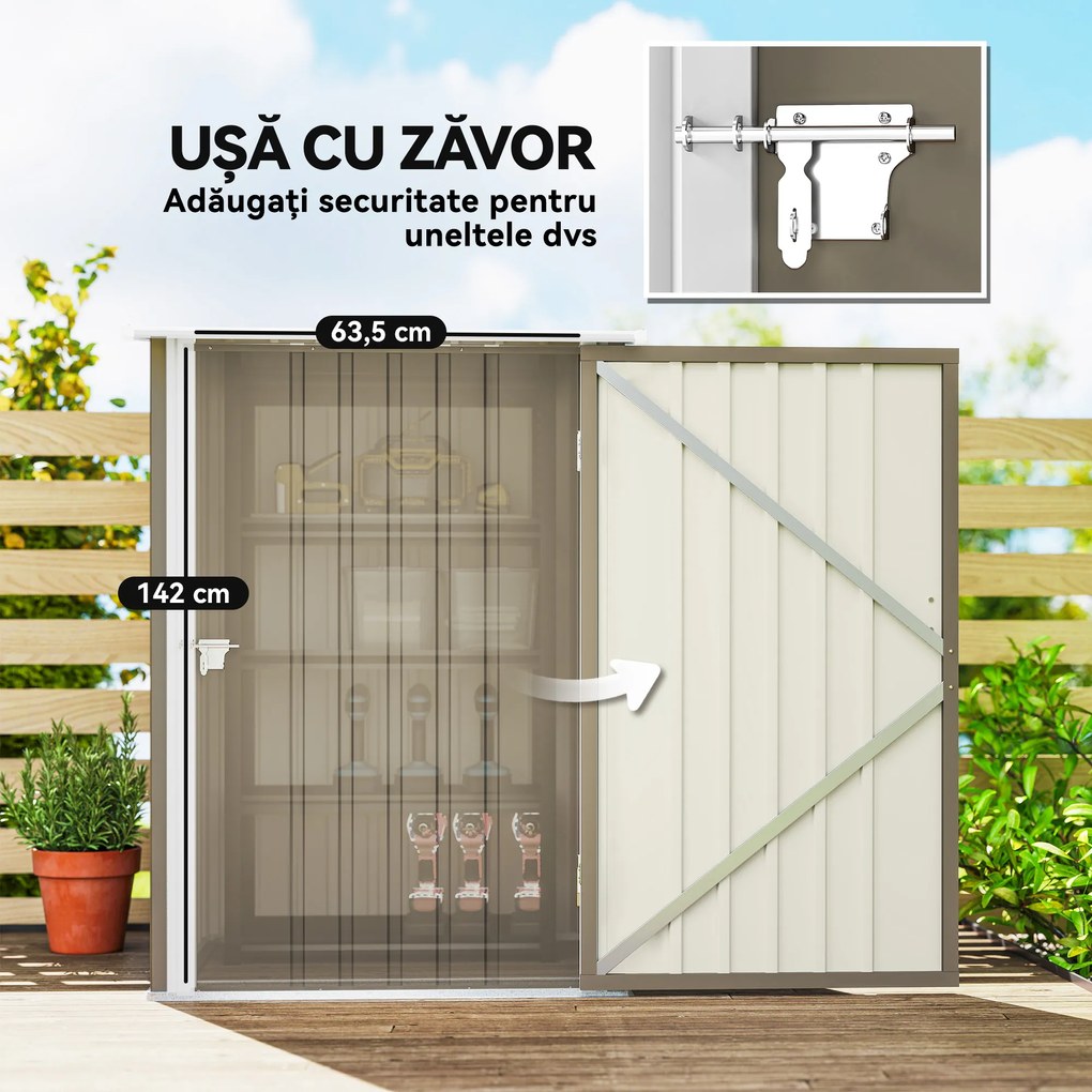 Outsunny Magazie de Grădină 0,92m² din Oțel Galvanizat, Depozit pentru Unelte cu Ușă Blocabilă, Acoperiș Înclinat, 100x104x160 cm, Maro și Alb | Aosom Romania