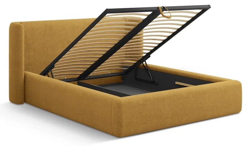 Pat matrimonial galben muștar tapițat cu spațiu de depozitare cu somieră 200x200 cm Jason – Windsor & Co Sofas