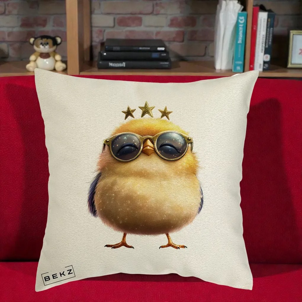 Perna Decorativa Pui Gold Star cu Ochelari Aurii, 40x40 cm, Ecru, Husa Detasabila, Perna Inclusa, BEKZ®