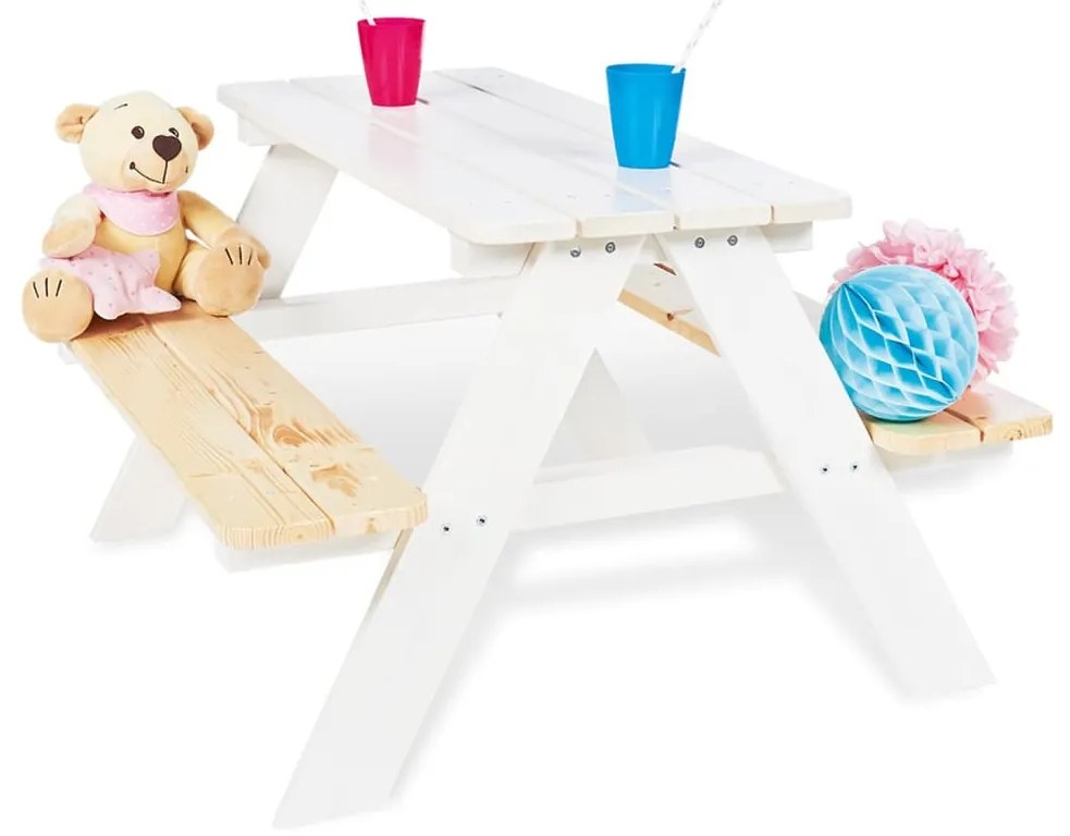 427751 Pinolino Masă de picnic pentru copii cu bănci Nicki für 4, alb, lemn