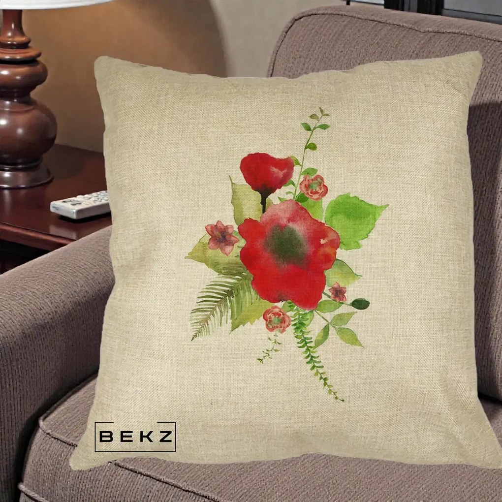 Perna Decorativa Buchet Rosu Acuarela, 40x40 cm, Crem, Husa Detasabila, Perna Inclusa, BEKZ®