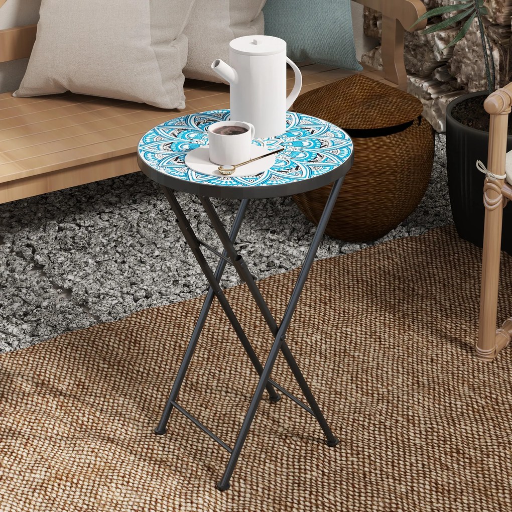 Outsunny Masă de grădină mozaic, Masă rotundă pliabilă pentru terasă cu cadru metalic și blat de ceramică, Model mozaic, Albastru | Aosom Romania