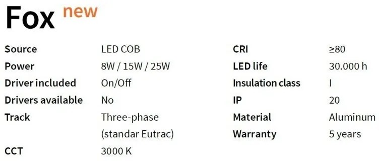 Spot LED directionabil pentru sina Link, FOX 08W CRI80 41° 3000K GD