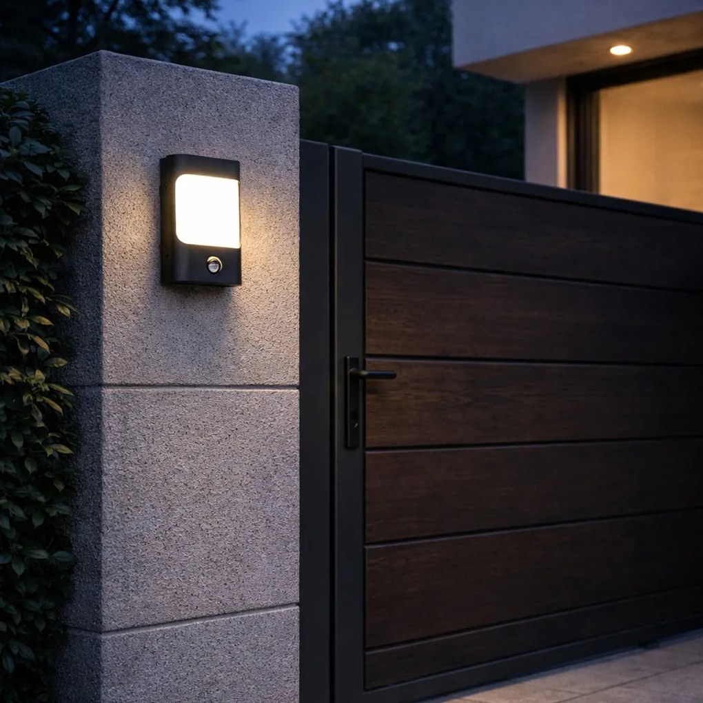 Aplică neagră cu LED inclus IP44 cu senzor de mișcare - Khuvan