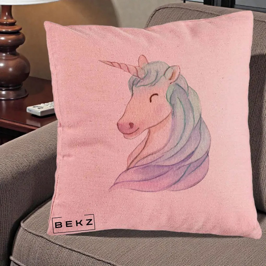 Perna Decorativa Unicorn Acuarela Pastel, 40x40 cm, Roz, Husa Detasabila, Perna Inclusa, BEKZ®