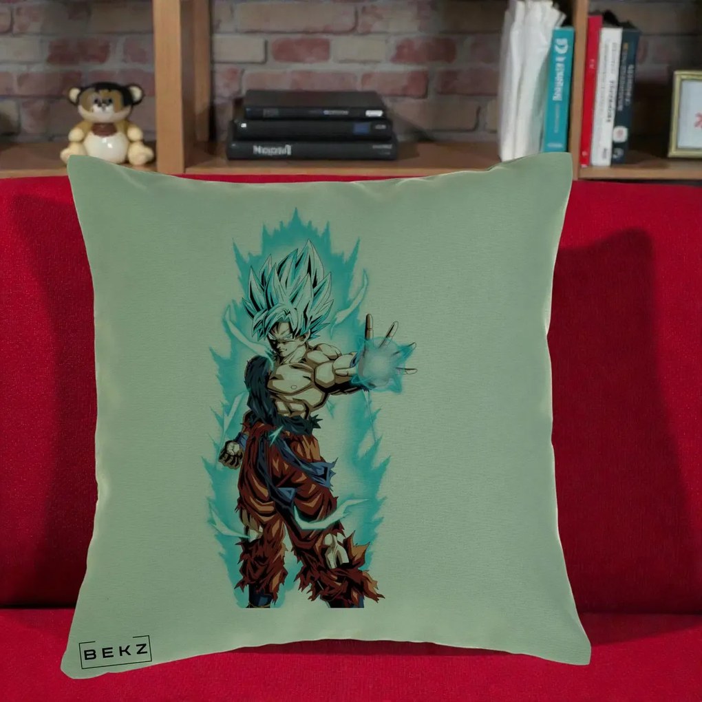 Perna Personalizata Dragon Ball Goku Ultra Instinct Blue, 40x40 cm, Verde, Husa Detasabila, Perna Inclusa, BEKZ®