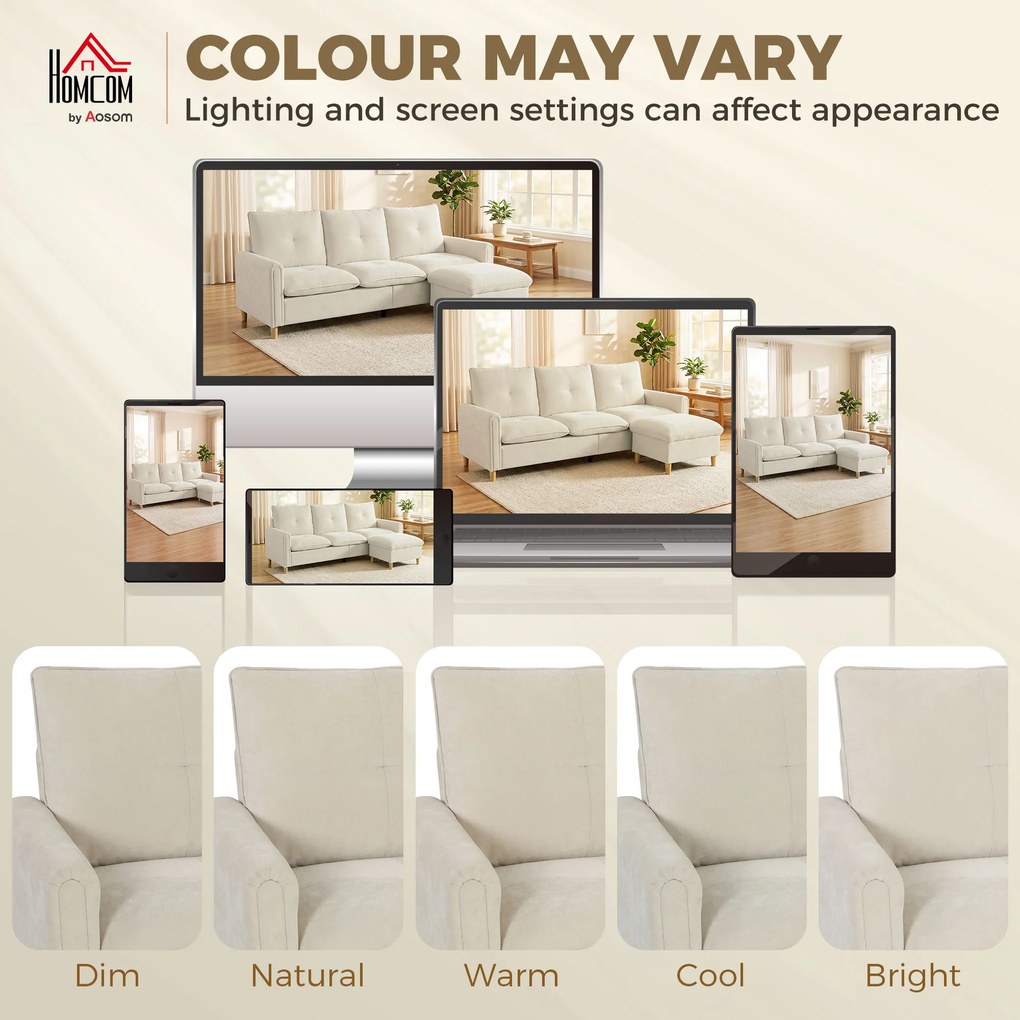 HOMCOM Canapea 3 locuri cu ottoman de depozitare, colțar modular 210 cm, șezut larg, țesătură cu aspect de in, crem | Aosom Romania