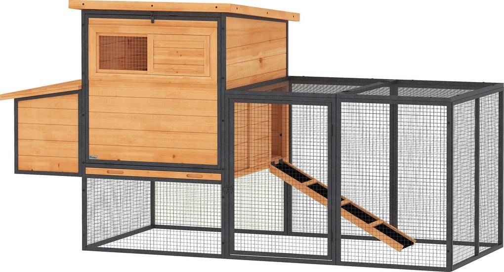 PawHut Cușcă pentru găini din lemn și oțel cu țarc, cuib, tavă pentru dejecții și acoperiș deschis 192x81,5x104cm portocaliu | Aosom Romania