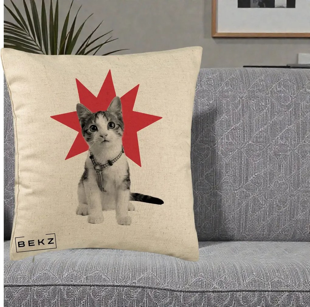 Perna Decorativa Pisica Star Pop Art, 40x40 cm, Bej, Husa Detasabila, Perna Inclusa, BEKZ®