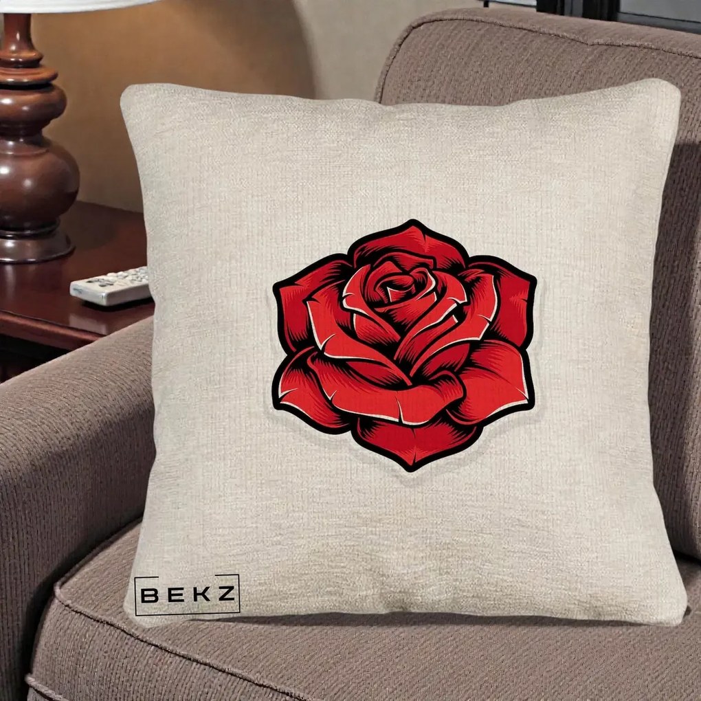 Perna Decorativa Trandafir Rosu Tattoo, 40x40 cm, Bej Canapea, Husa Detasabila, Perna Inclusa, BEKZ®