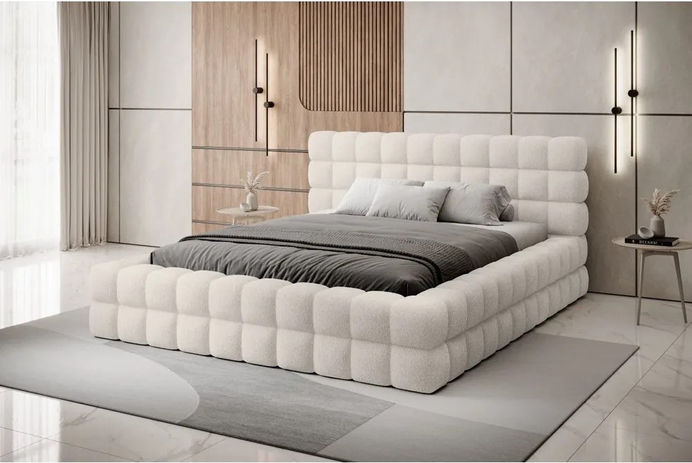 Pat matrimonial alb tapițat cu spațiu de depozitare cu somieră 180x200 cm Dizzle – ELTAP