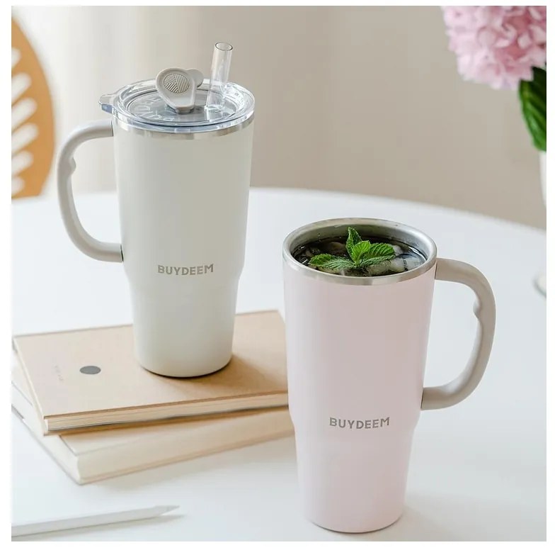 Pahar termo cu pai incorporat Buydeem DS57-OW, 700 ml, Cald/rece pana la 6 ore, Vid, Otel inoxidabil, Fara BPA, Alb