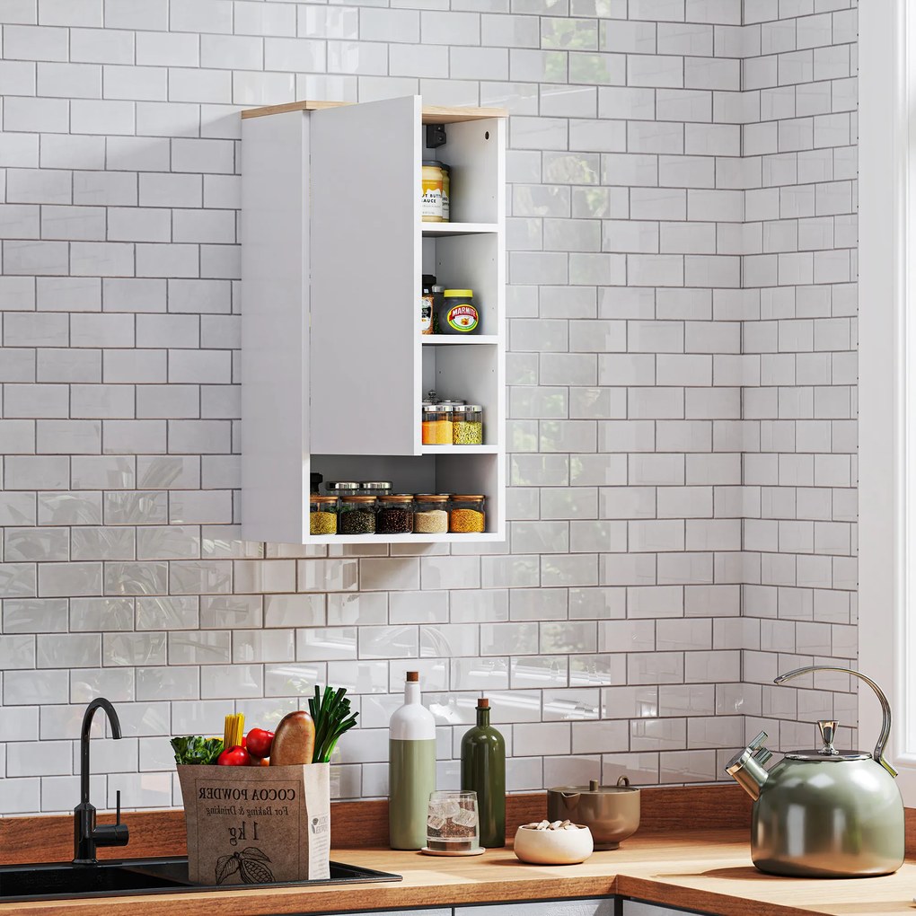 HOMCOM Dulap de perete pentru baie cu rafturi reglabile, compartiment deschis, lemn, Weiß | Aosom Romania