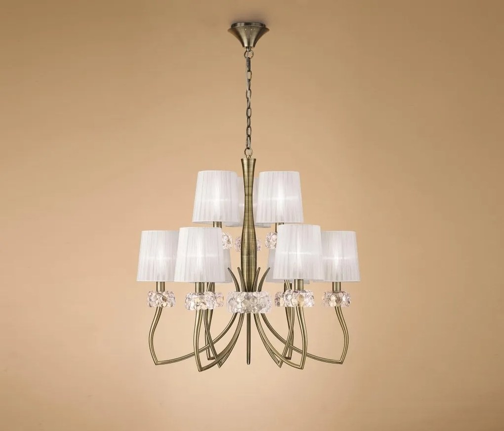 Candelabru clasic cu 9 brate LOEWE antique brass/ abajur alb