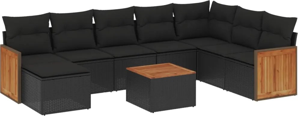 vidaXL Set mobilier de grădină cu perne, 9 piese, negru, poliratan