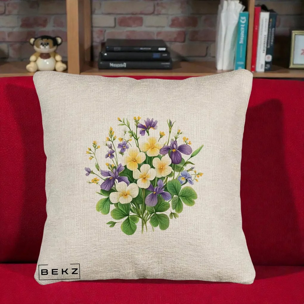 Perna Decorativa Viorele Iris Violet si Trifoi, 40x40 cm, Bej Canapea, Husa Detasabila, Perna Inclusa, BEKZ®