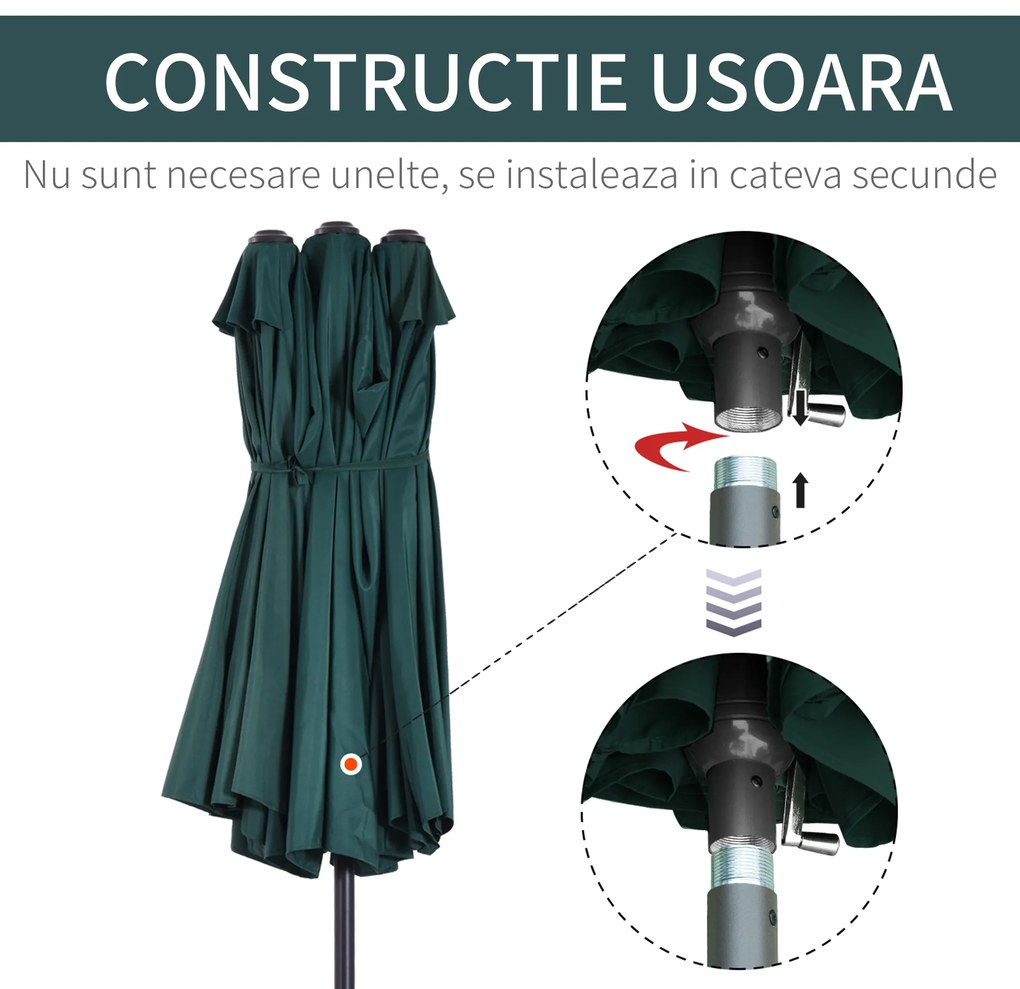 Outsunny Umbrelă Dublă de Grădină, Protecție UV, Manivelă pentru Deschidere, 460x270x240 cm, Verde | Aosom Romania