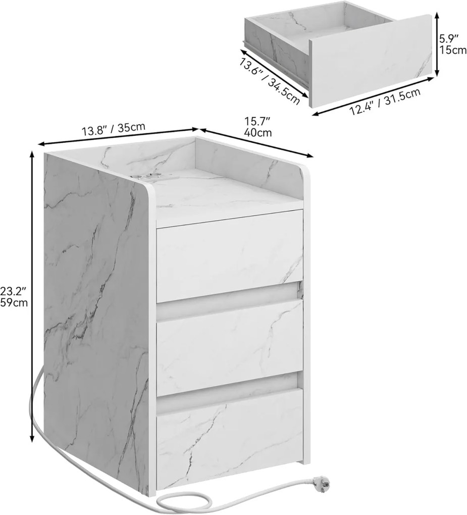 NOA64 - Set 2 Noptiere albe 35 cm, cu 3 sertare Priza si USB, dormitor - Alb Imitatie de Marmura