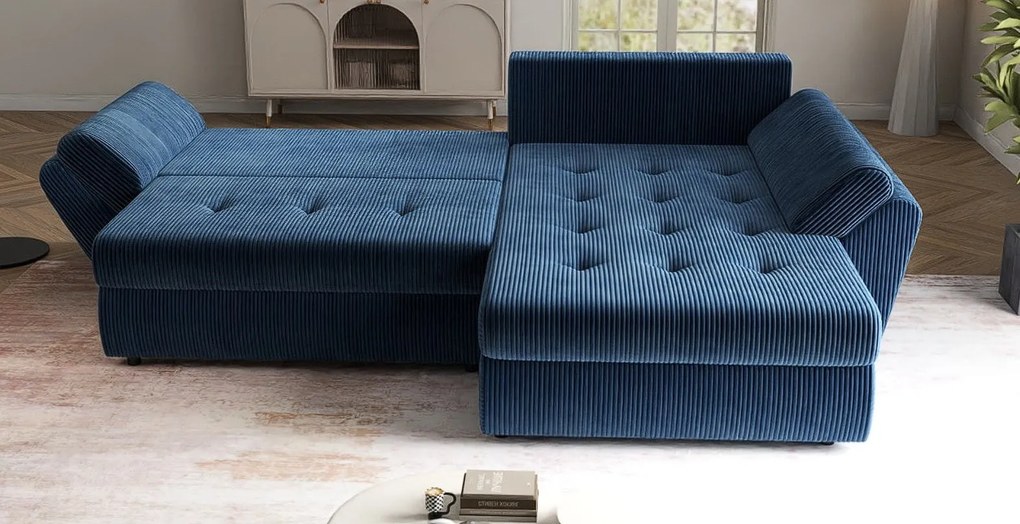 Colțar extensibil dumonde cu ladă de depozitare si sezut confortabil din spuma high-density, Loana Zoom Blue II 270x185 cm