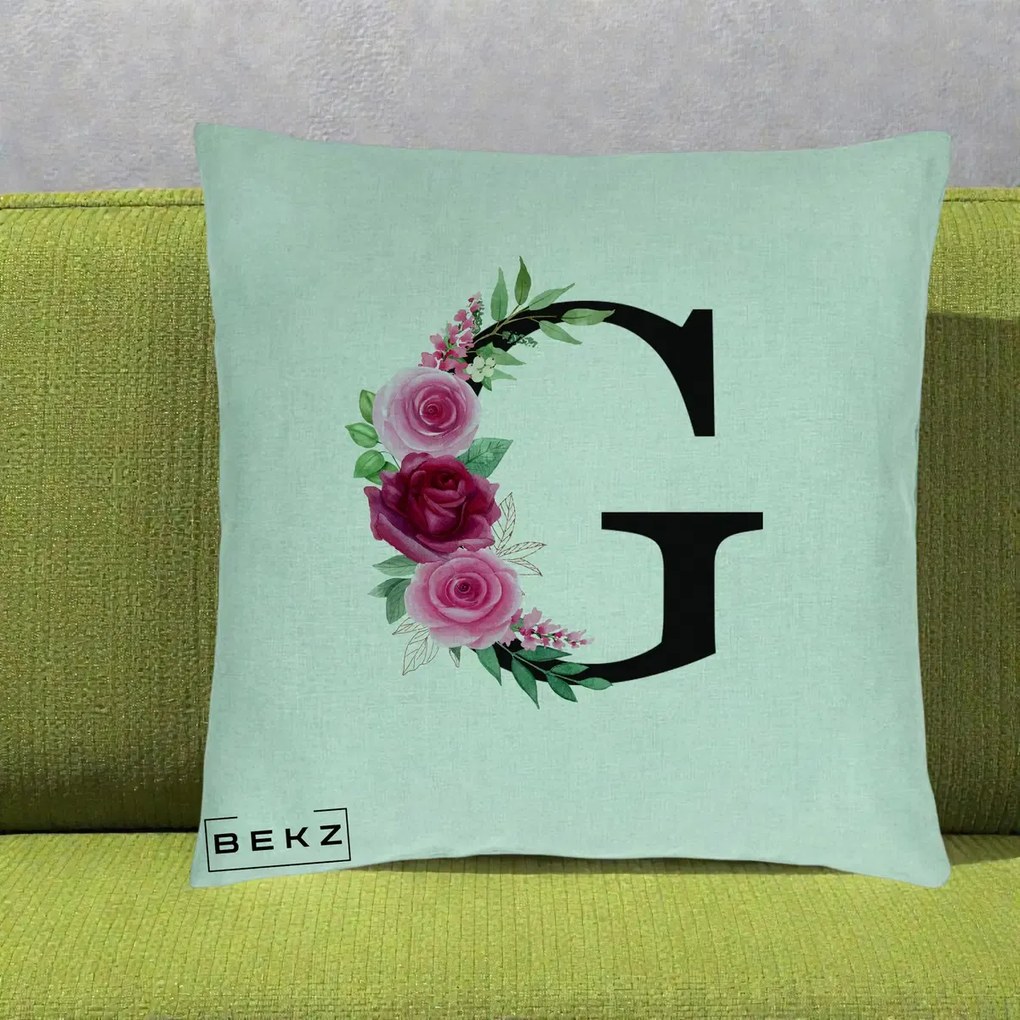 Cadou Personalizat - Perna Personalizata Monograma Florala Litera G, 40x40 cm, Verde Menta, Husa Detasabila, Perna Inclusa, BEKZ®