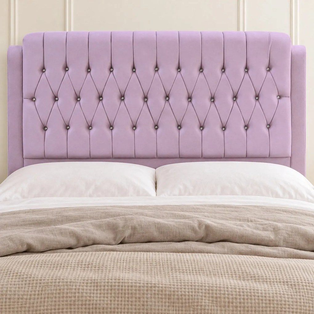 Pat tapițat Chesterfield din catifea Aveline Deluxe 180×200 cm, lila, cu ladă de depozitare