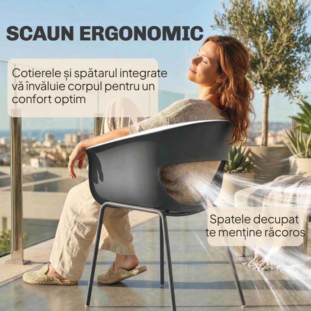 Outsunny Set de 4 Scaune de Exterior, cu Brațe, Spătar Perforat, Picioare Metalice, Gri Închis | Aosom Romania