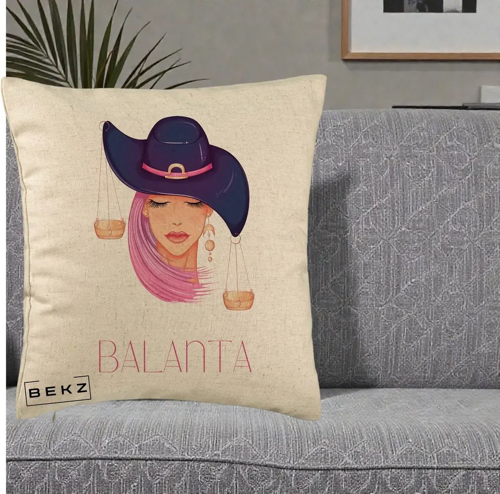 Perna Personalizata Zodiac Balanta Cowgirl, 40x40 cm, Bej, Husa Detasabila, Perna Inclusa, BEKZ®