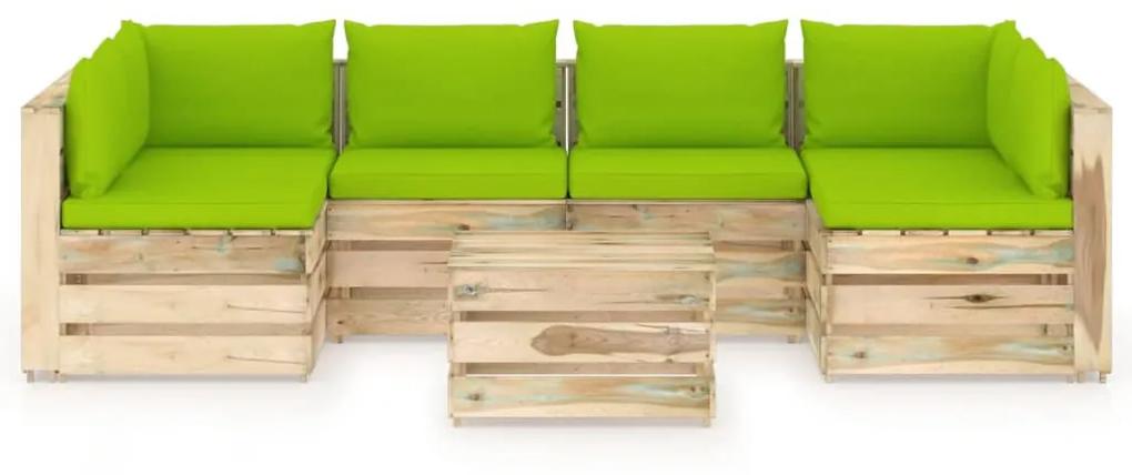 Set mobilier de gradina cu perne, 7 piese, lemn verde tratat bright green and brown, 7