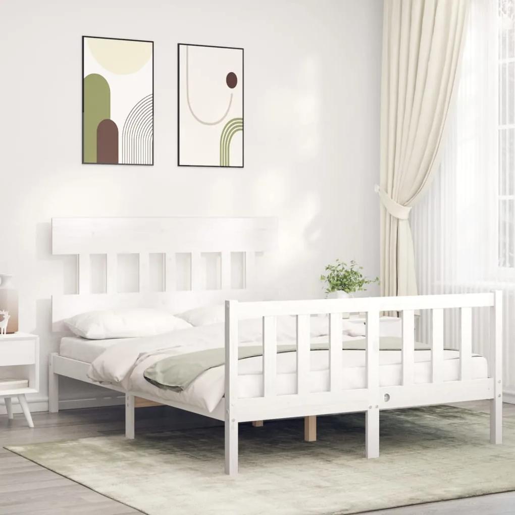 3193312 vidaXL Cadru de pat cu tăblie, dublu, alb, lemn masiv