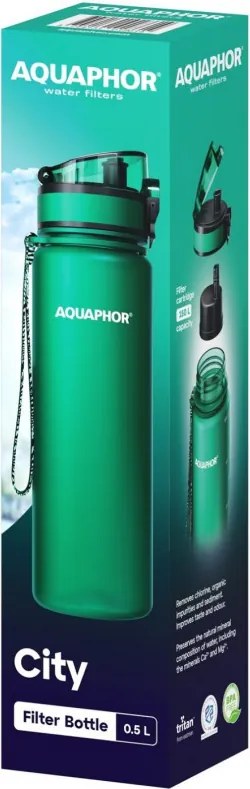 Sticla cu filtru pentru apa Aquaphor City 160045, 500 ml, Tritan, Carbune activ, Aqualen, Capac cu inchidere, Verde inchis