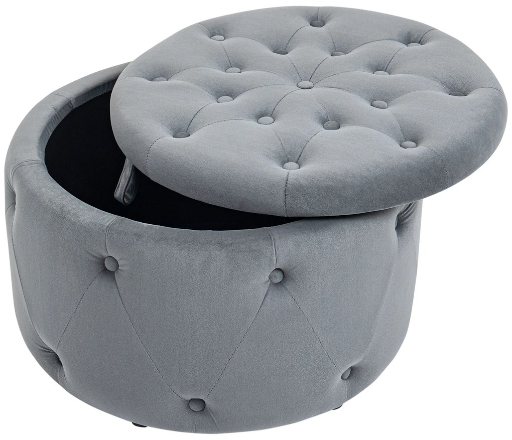 HOMCOM Puf, rotund, cu spațiu de depozitare, model matlasat cu butoane, catifea, gri, 60 x 60 x 40 cm | Aosom Romania