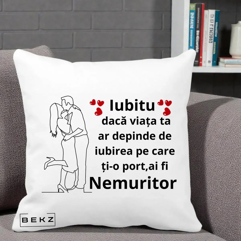 Cadou pentru Iubit - Perna Personalizata Iubitu Nemuritor cu Cuplu Line-Art si Inimi Rosii, 40x40 cm, Alba Mata, Husa Detasabila, Perna Inclusa, BEKZ®