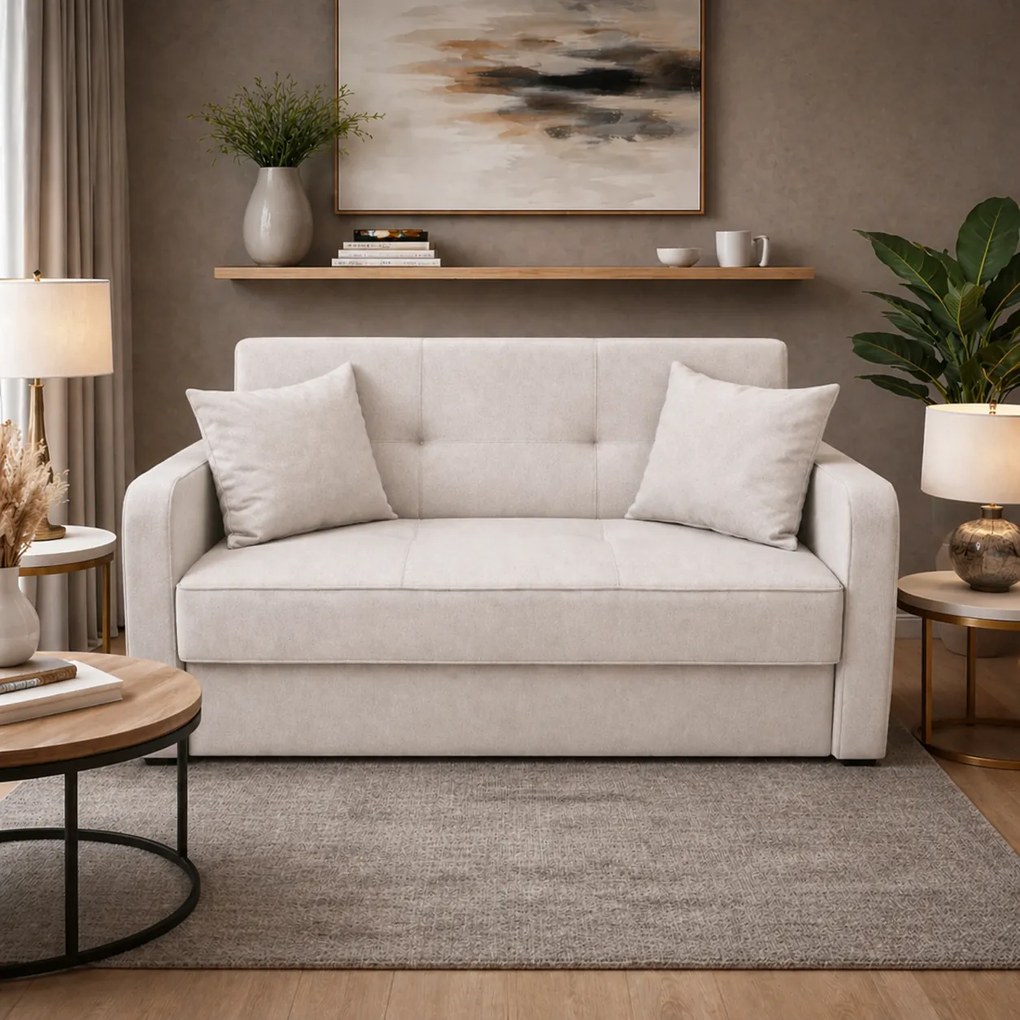Canapea SAMY extensibila, 2 locuri, cu lada de depozitare, albastru, cadru metalic , 152x100x92 Bej, Stofa