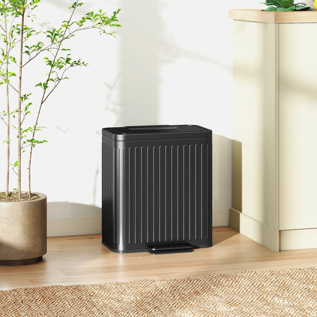 HOMCOM Coș de gunoi pentru bucătărie, 2 x 20 L compartimente, separare eficientă a deșeurilor, pedală, plastic, metal, Negru | Aosom Romania