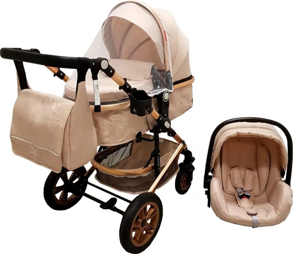 Carucior nou nascuti 3 in 1 Baby Care™ PRO 530 , Cu geanta bebe, Cadru Aluminiu Gold, Amortizoare, Roti din cauciuc plin AVE, Landou, Scoica auto,