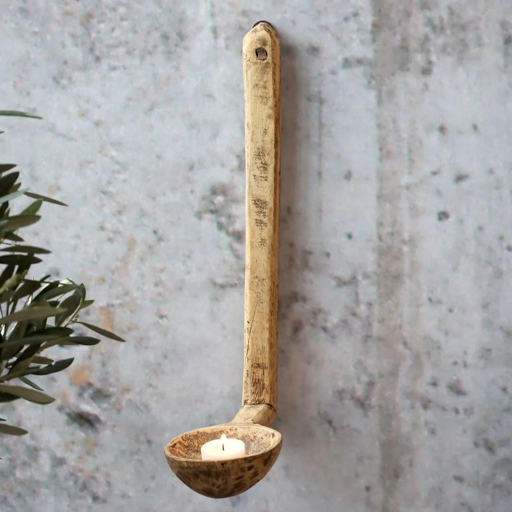 Suport de lumanare, din lemn reciclat, de perete, H37cm, Grimaud
