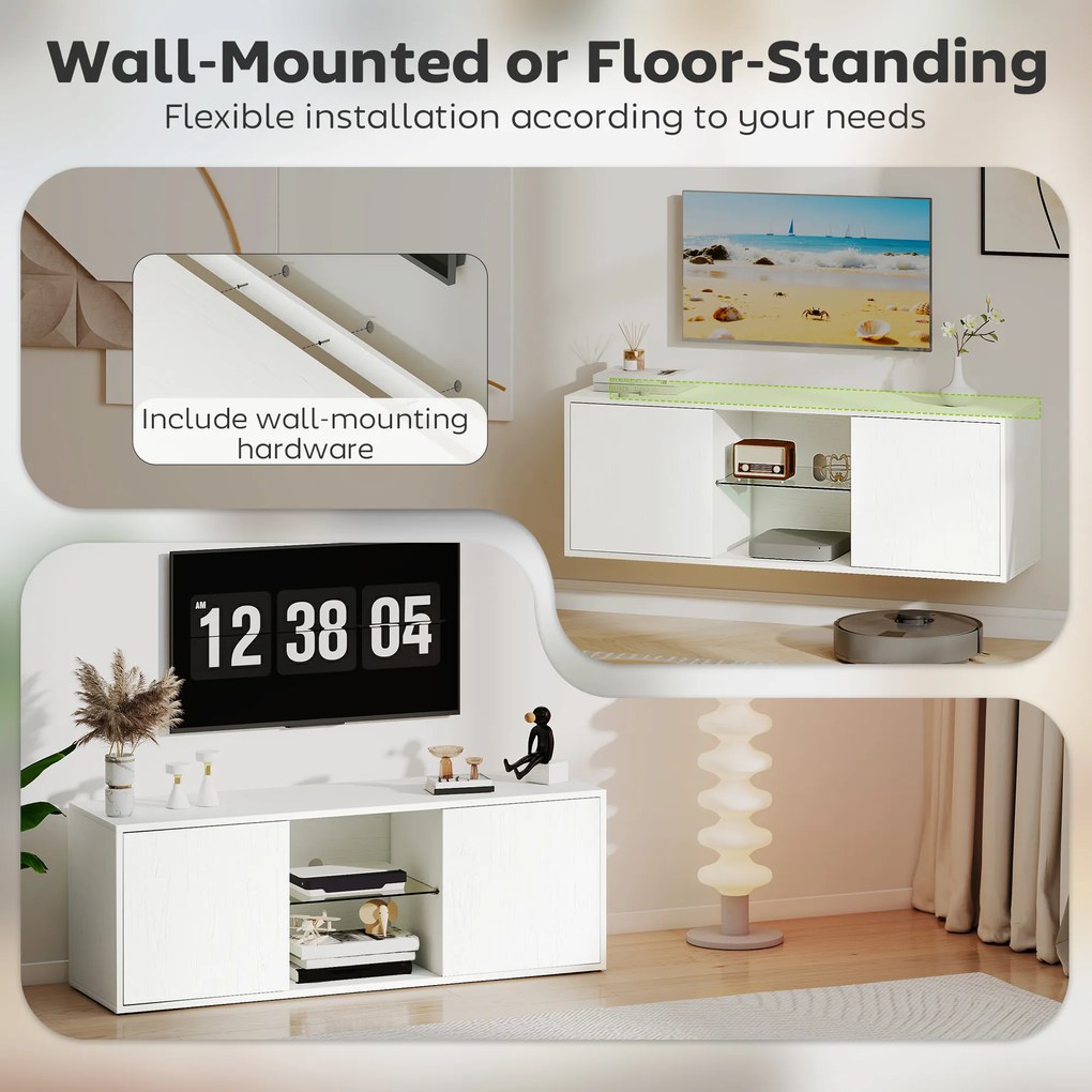 HOMCOM Mobilier Porta TV până la 55", Mobilier TV Suspendat sau pe Podea de 120 cm cu Uși Soft Close, Orificiu pentru Cabluri și Raft din Sticlă, pentru Sufragerie și Salon, Alb Efect Lemn | Aosom Romania