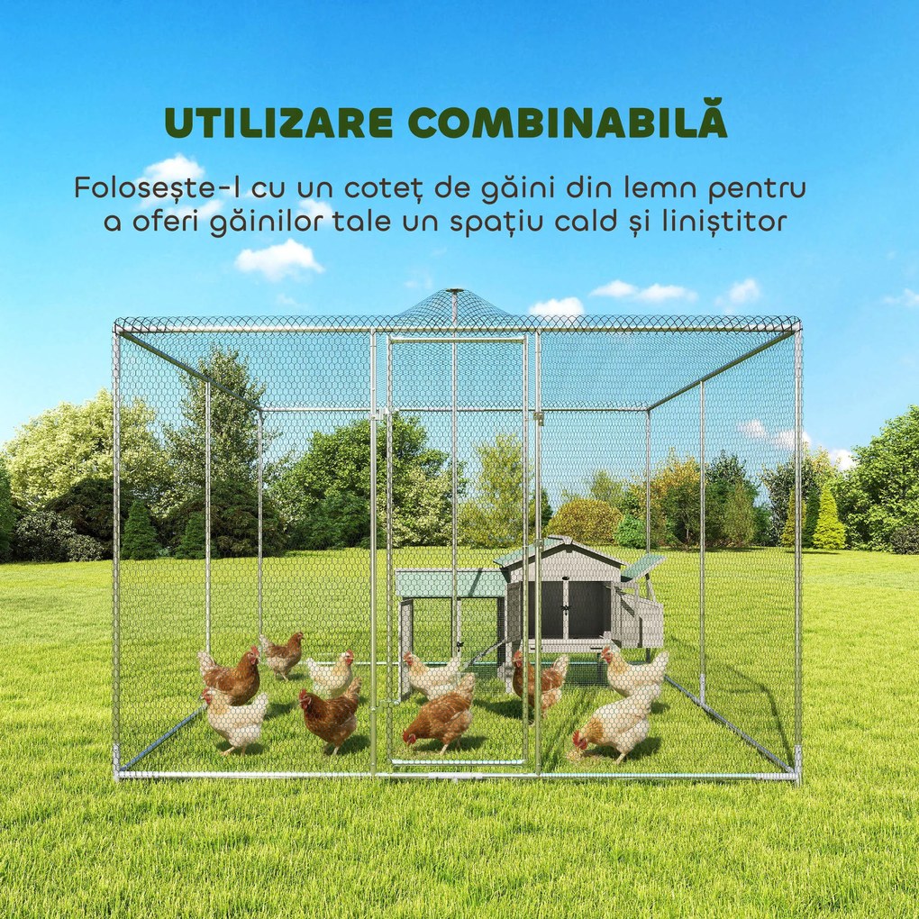 PawHut Țarc pentru Găini de Exterior, 4x3x2m 12㎡ Adăpost pentru Găini din Oțel Galvanizat cu Acoperiș Impermeabil Anti-UV și Închidere Dublă, Coteț pentru Păsări, Animale Mici, Iepuri și Rațe | Aosom Romania