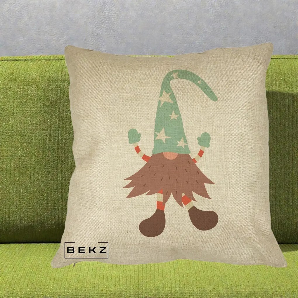 Perna Decorativa Pitic Gnom Nordic cu Cadou Menta, 40x40 cm, Crem, Husa Detasabila, Perna Inclusa, BEKZ®