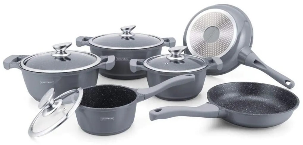 Set oale si tigai marmorate cu capace, 10 piese Royalty Line BS1010M gri, antiaderente, inductie