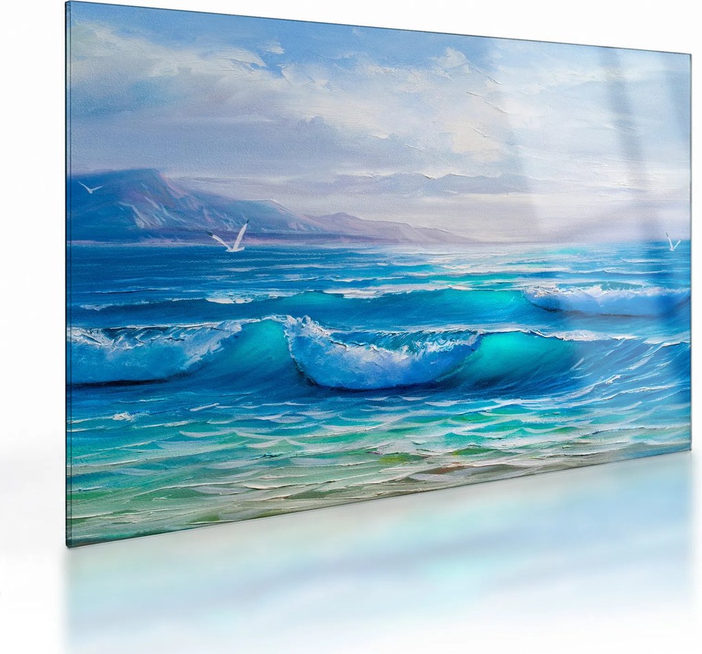 Tablou pe sticlă - Pictură în ulei de mare cu pescăruși (70x50 cm)