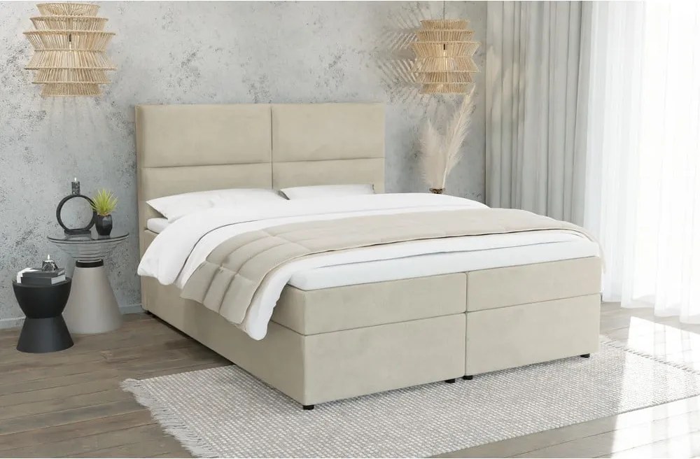 Pat boxspring bej cu spațiu de depozitare 200x200 cm Rico – Ropez