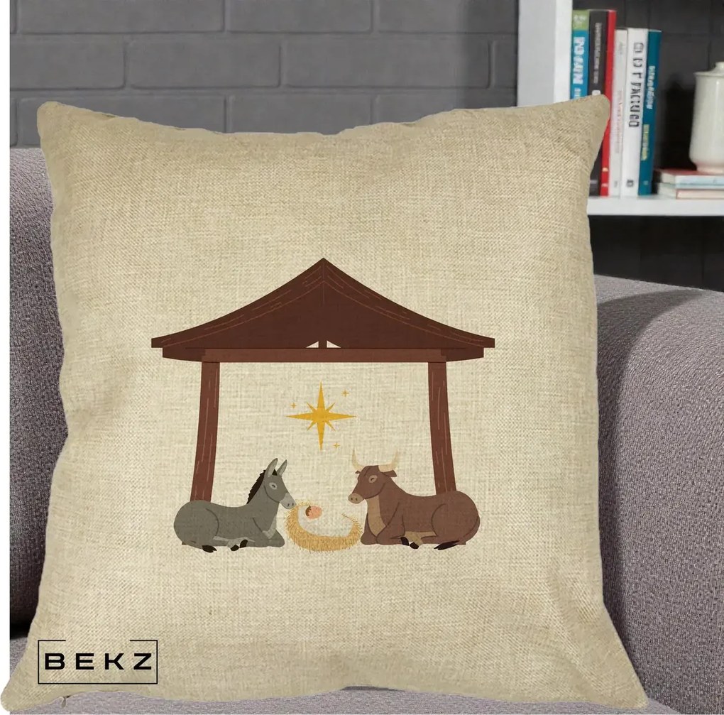 Perna Decorativa Ieslea din Betleem cu Iesle Asin si Bou, 40x40 cm, Crem, Husa Detasabila, Perna Inclusa, BEKZ®