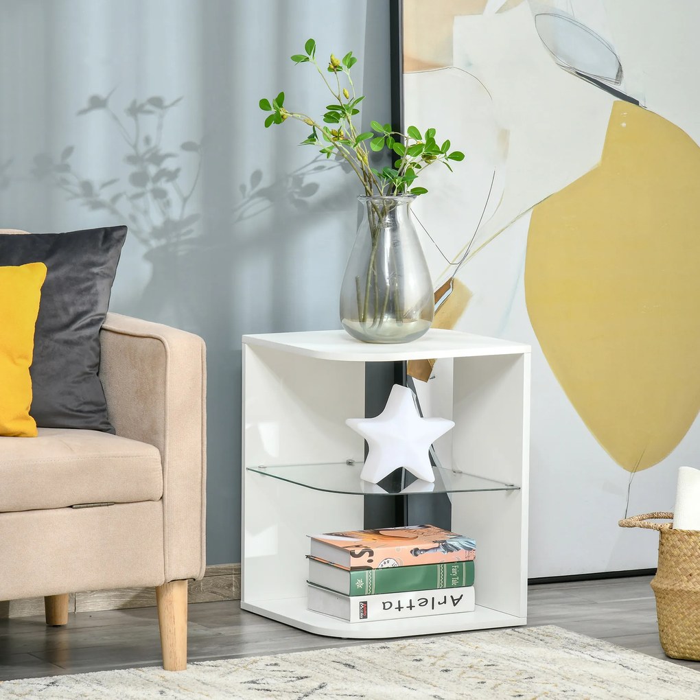 HOMCOM Masă de cafea accesoriu gheridon design contemporan capăt de canapea raft sticlă securizată alb | Aosom Romania