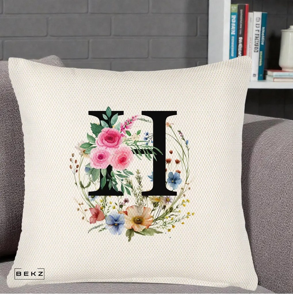 Cadou Personalizat - Perna Personalizata Monogram Litera H cu Flori Acuarela, 40x40 cm, Crem Reliefat, Husa Detasabila, Perna Inclusa, BEKZ®
