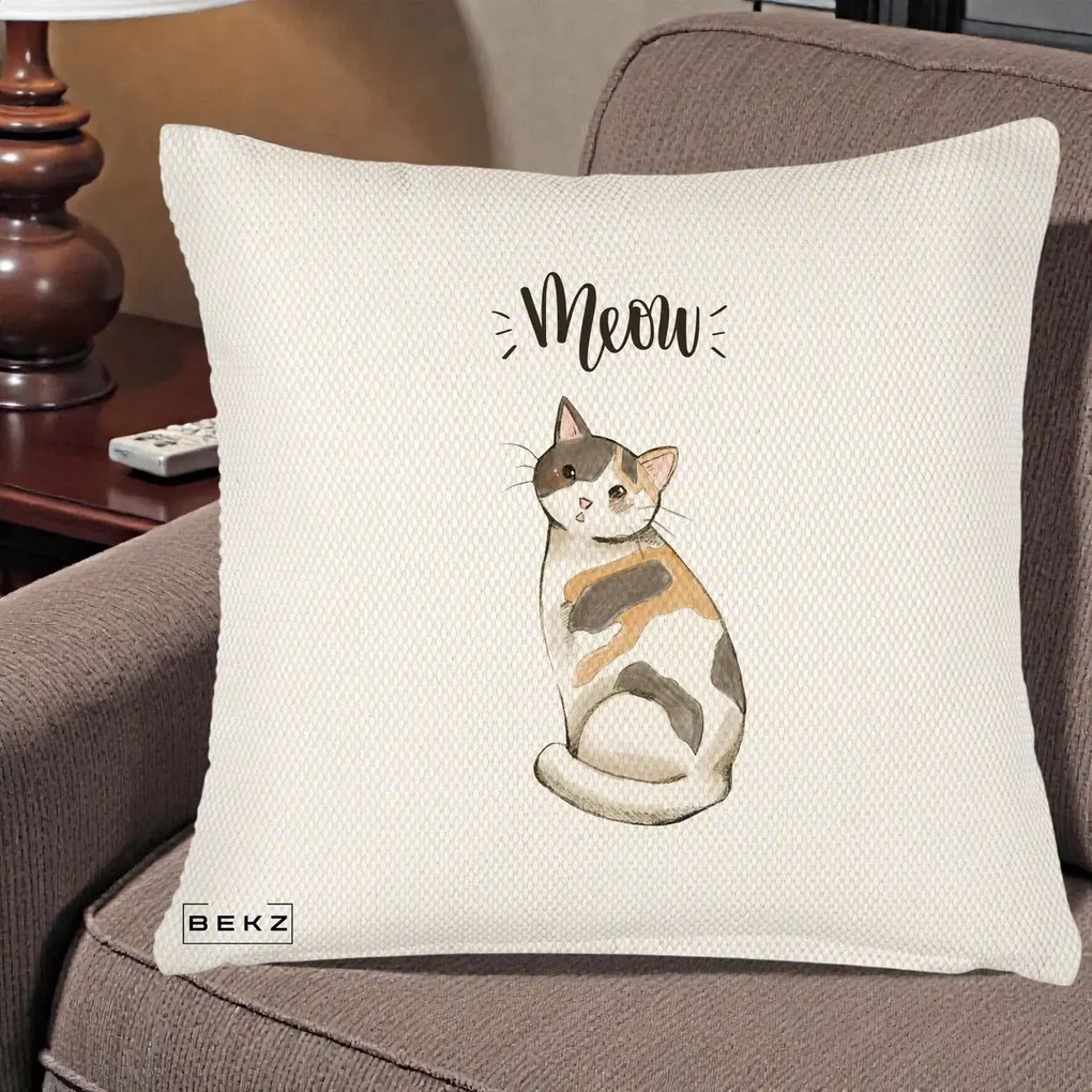 Perna Personalizata Pisica Meow Acuarela, 40x40 cm, Crem Reliefat, Husa Detasabila, Perna Inclusa, BEKZ®