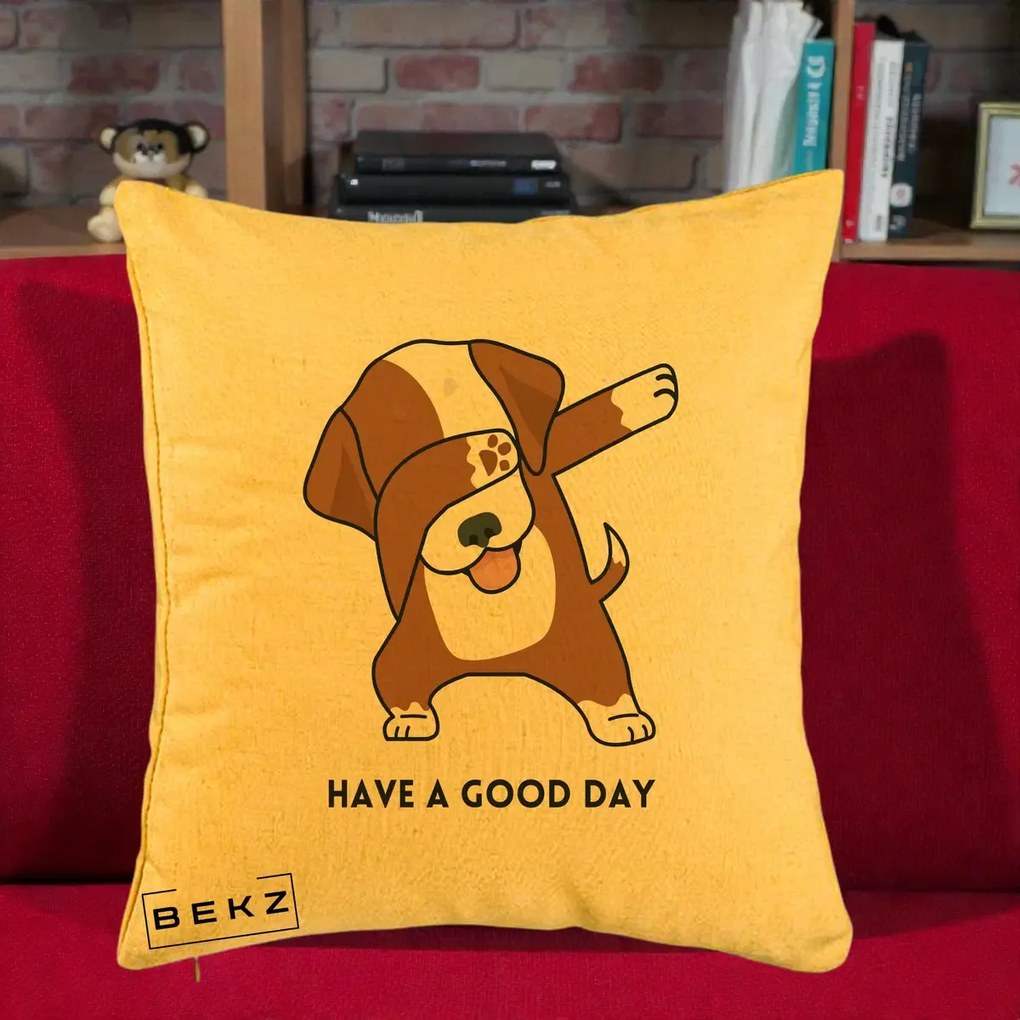 Perna Decorativa Caine Dab Have A Good Day, 40x40 cm, Galben, Husa Detasabila, Perna Inclusa, BEKZ®