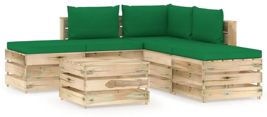 Set mobilier de gradina cu perne, 6 piese, lemn verde tratat green and brown, 6